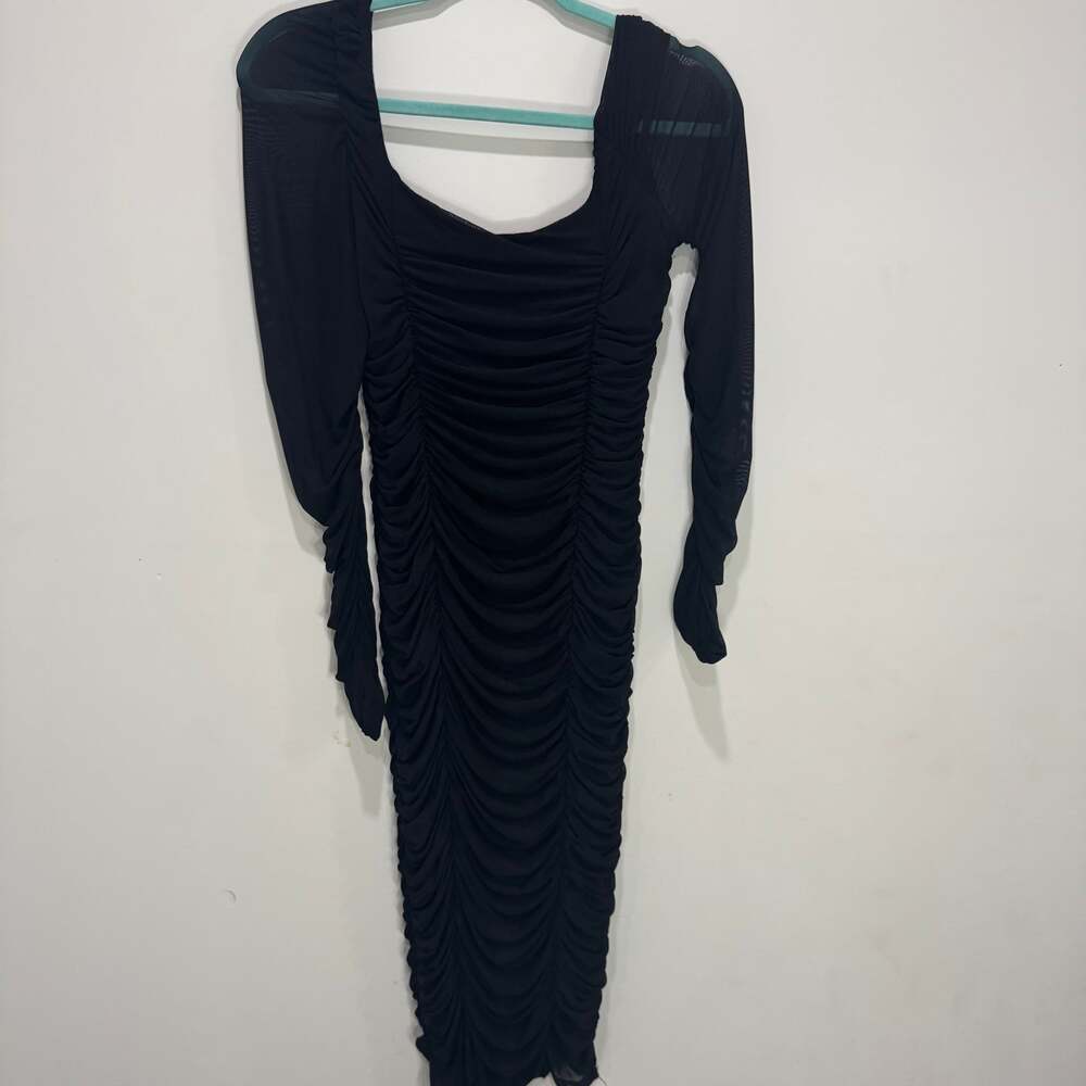 Black Ruched Bodycon Midi Dress with Mesh Sleeves - Women's M